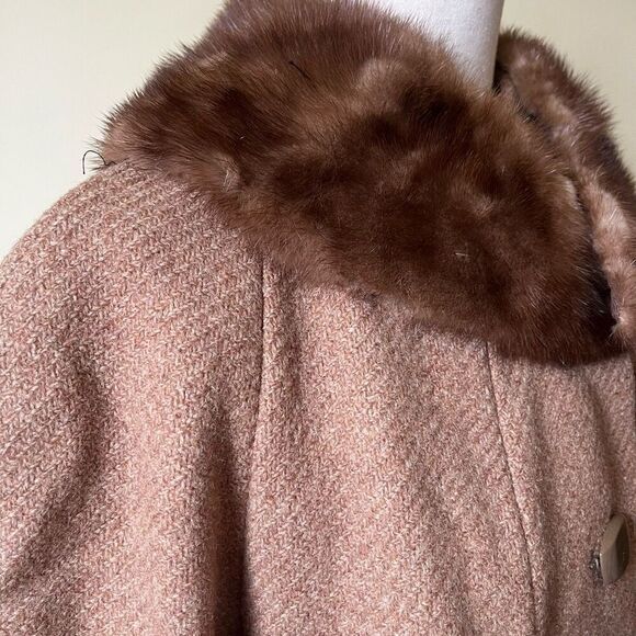 Vintage 60s Pure Wool Swing Coat Button Down Tan Brown Fur Collar Medium - Picture 5 of 13